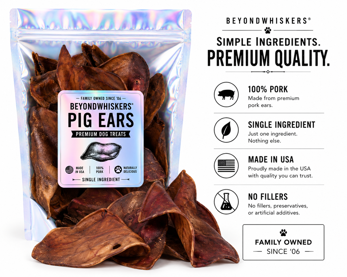 Pig Ears for Dogs – Natural Dehydrated Hog Ear Chews, Long Lasting High Protein Dog Treats