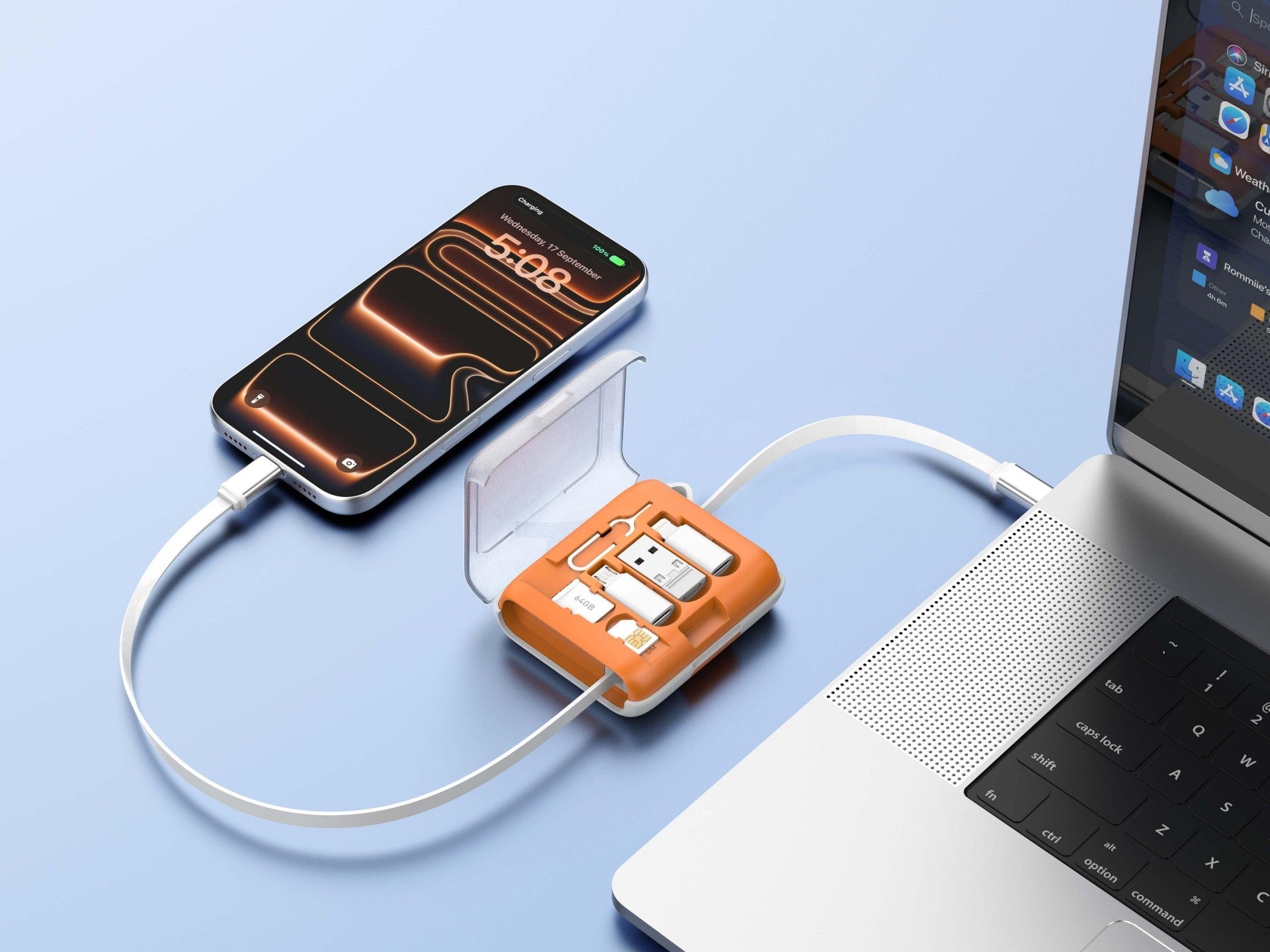 Techancy Caixa Multifuncional TV3740 Cabo USB-C Retratil 80CM 60W Conjunto de Adaptadores Carregamento e Dados Laranja