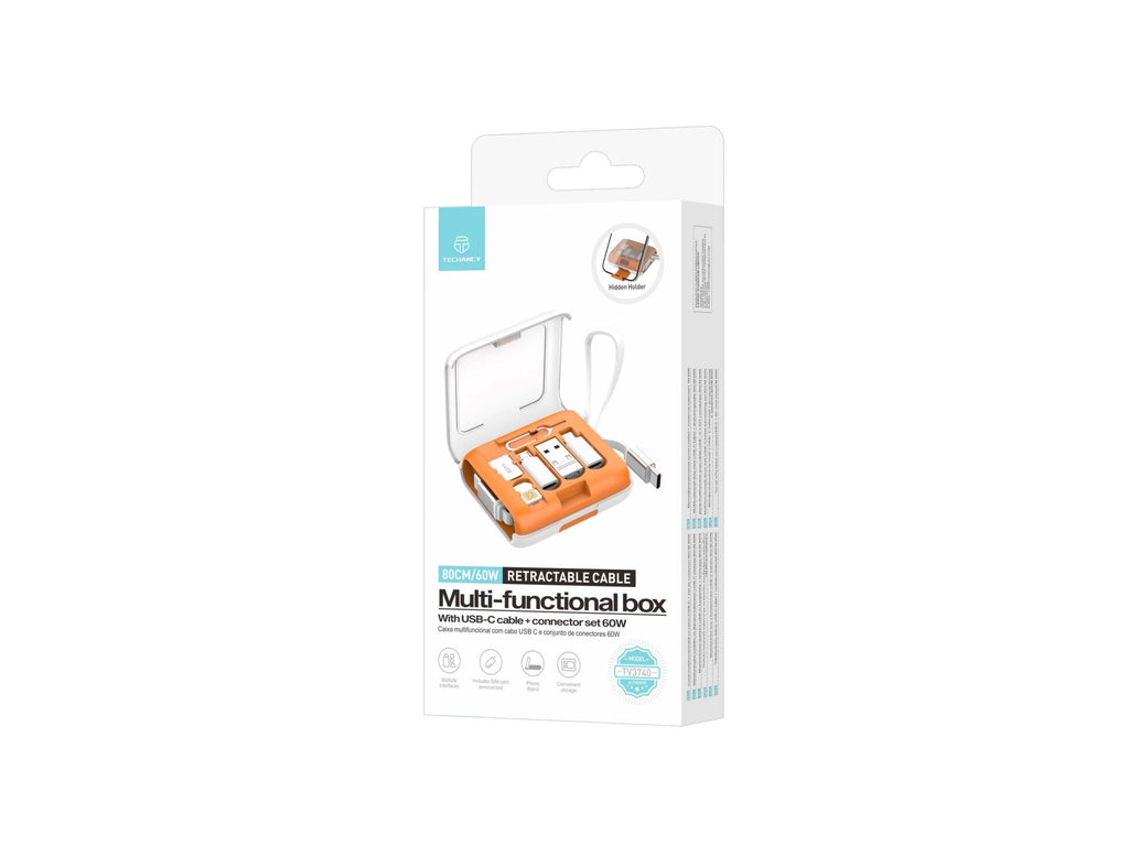 Techancy Caixa Multifuncional TV3740 Cabo USB-C Retratil 80CM 60W Conjunto de Adaptadores Carregamento e Dados Laranja