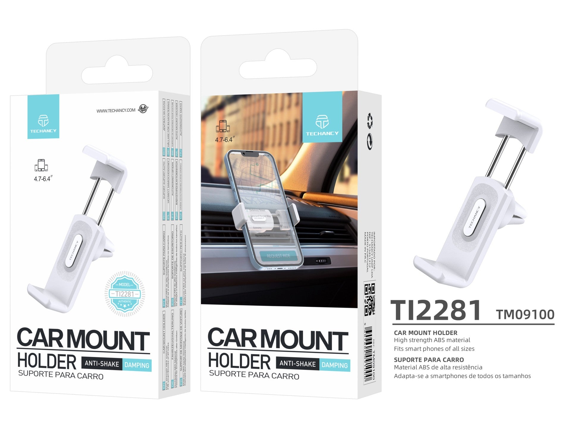 Techancy Suporte de Telemovel para Carro TI2281 Antivibracao Compatvel com 4.7 a 6.4 Polegadas Branco