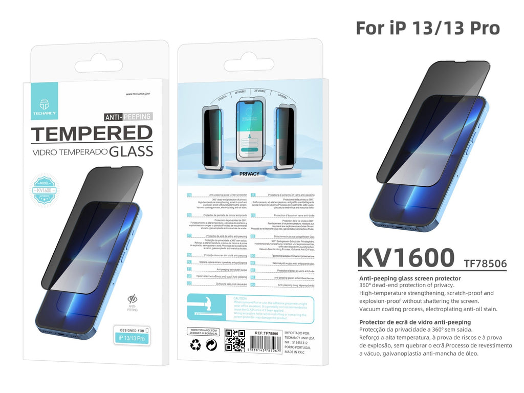 Protetor de ecrã premium para smartphone Techancy, protetor de privacidade, KV1600, compatível com iPhone 12/12 Pro