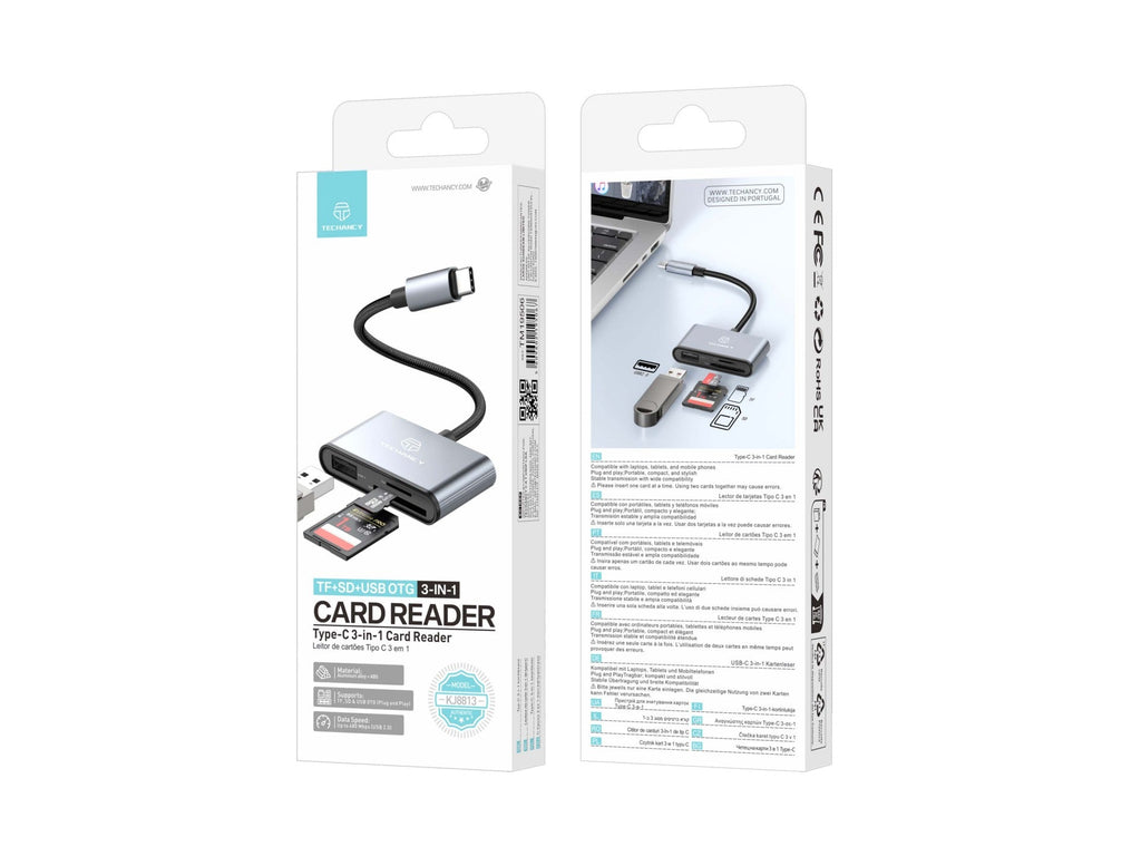 Techancy Leitor de Cartoes KJ8813 USB-C 3 em 1 TF SD USB OTG Plug and Play Compativel com Telemovel Tablet PC Cinza