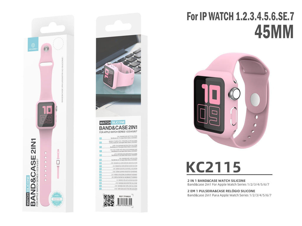 Pulseira de silicone para relógio Techancy, KC2115, pulseira com protetor de ecrã, compatível com Apple Watch 45 mm, rosa