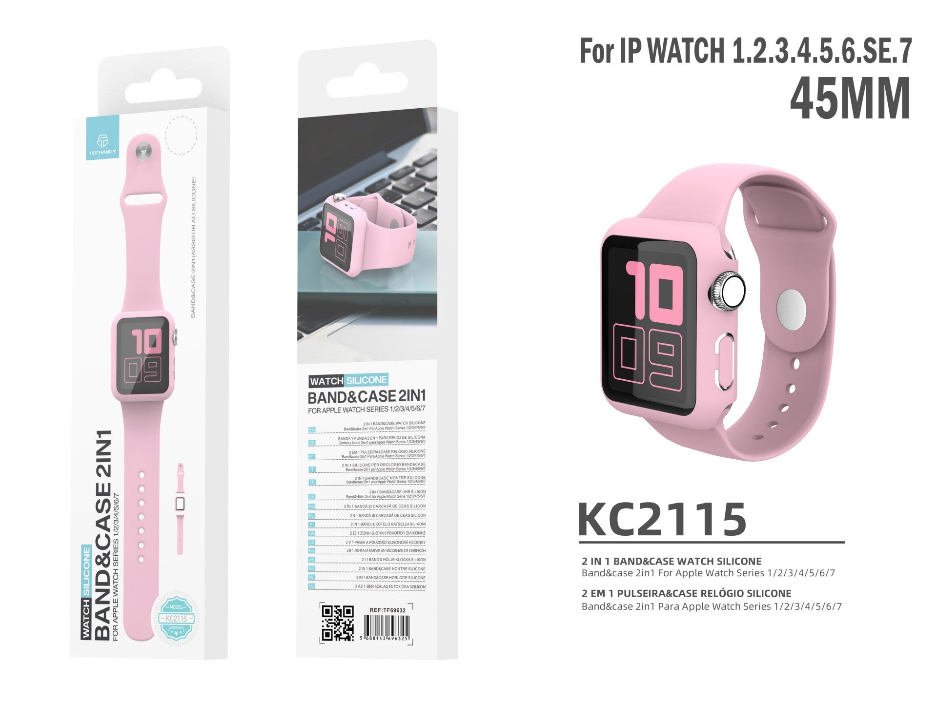 Pulseira de silicone para relógio Techancy, KC2115, pulseira com protetor de ecrã, compatível com Apple Watch 45 mm, rosa