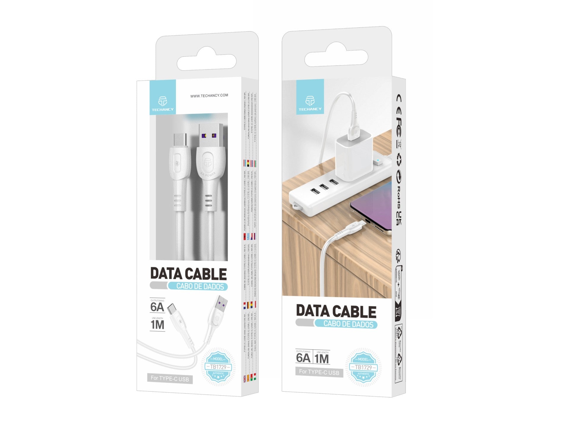 Techancy Cabo De Dados De Carregamento Super-Rápido 6A Branco TB1729, Porta Usb-Tipo-C, 1 M De Comprimento, Carregamento Rápido