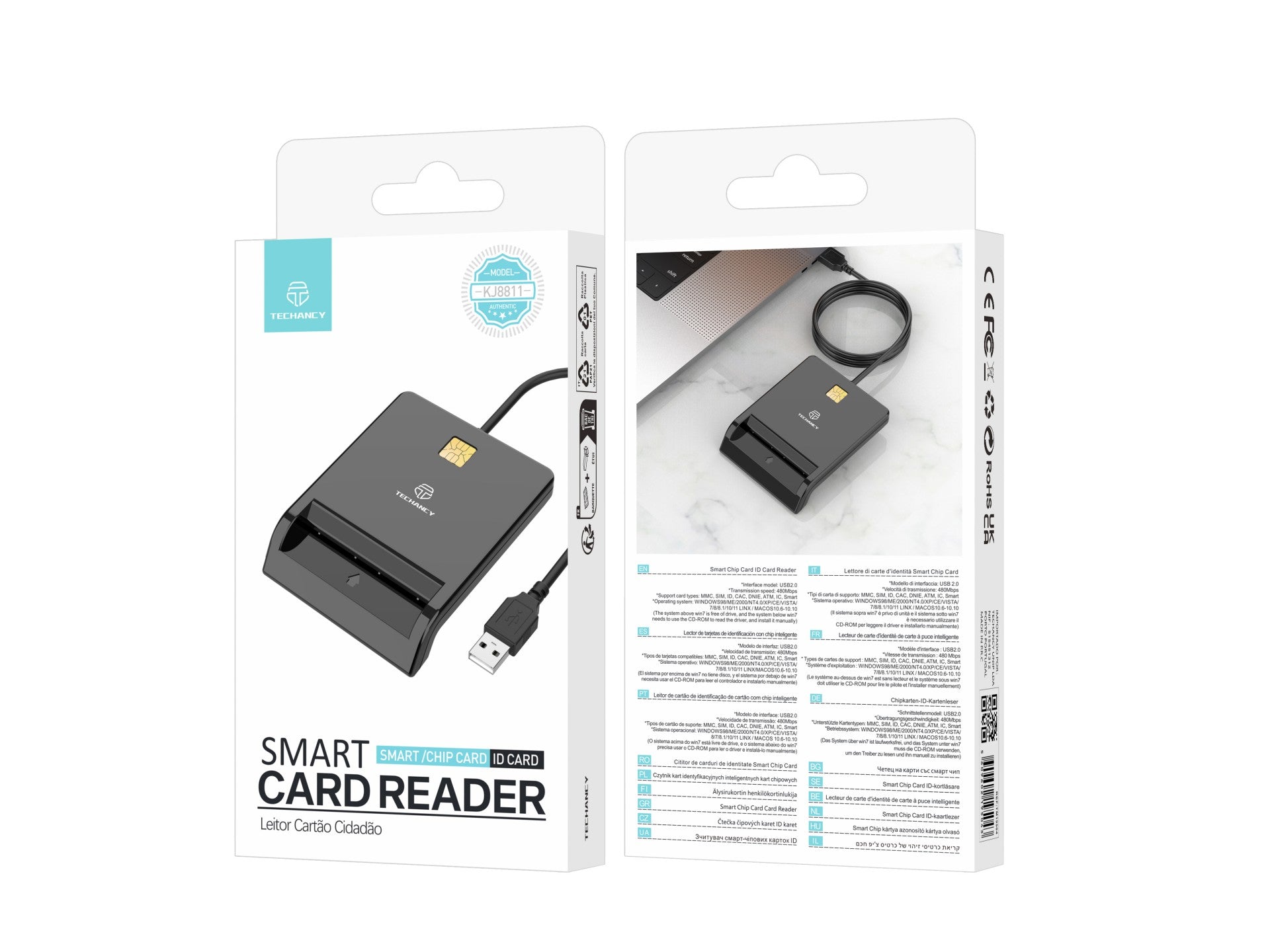 Techancy Leitor De Chips Inteligentes  KJ8811, USB2.0, 480Mbps, Compatível Com Uma Vasta Gama De Cartões e Sistemas