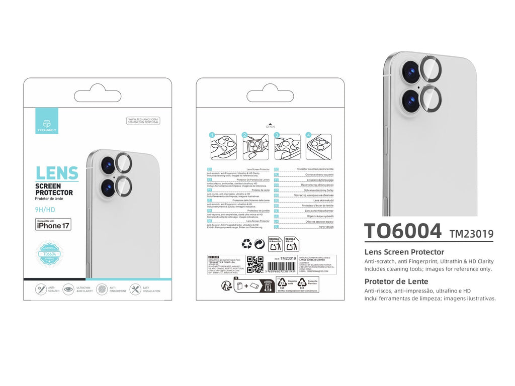 Techancy Protetor de Lente para iPhone 17 TO6004 9H Ultra Fino Alta Definicao Anti Risco Anti Impressao Digital Transparente