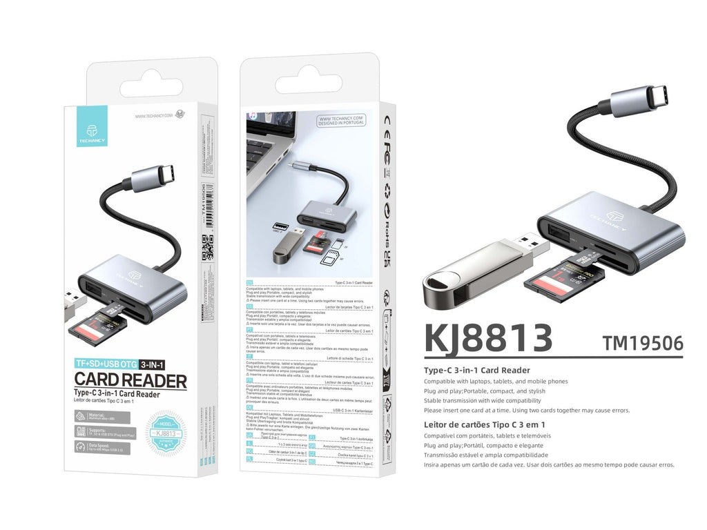Techancy Leitor de Cartoes KJ8813 USB-C 3 em 1 TF SD USB OTG Plug and Play Compativel com Telemovel Tablet PC Cinza