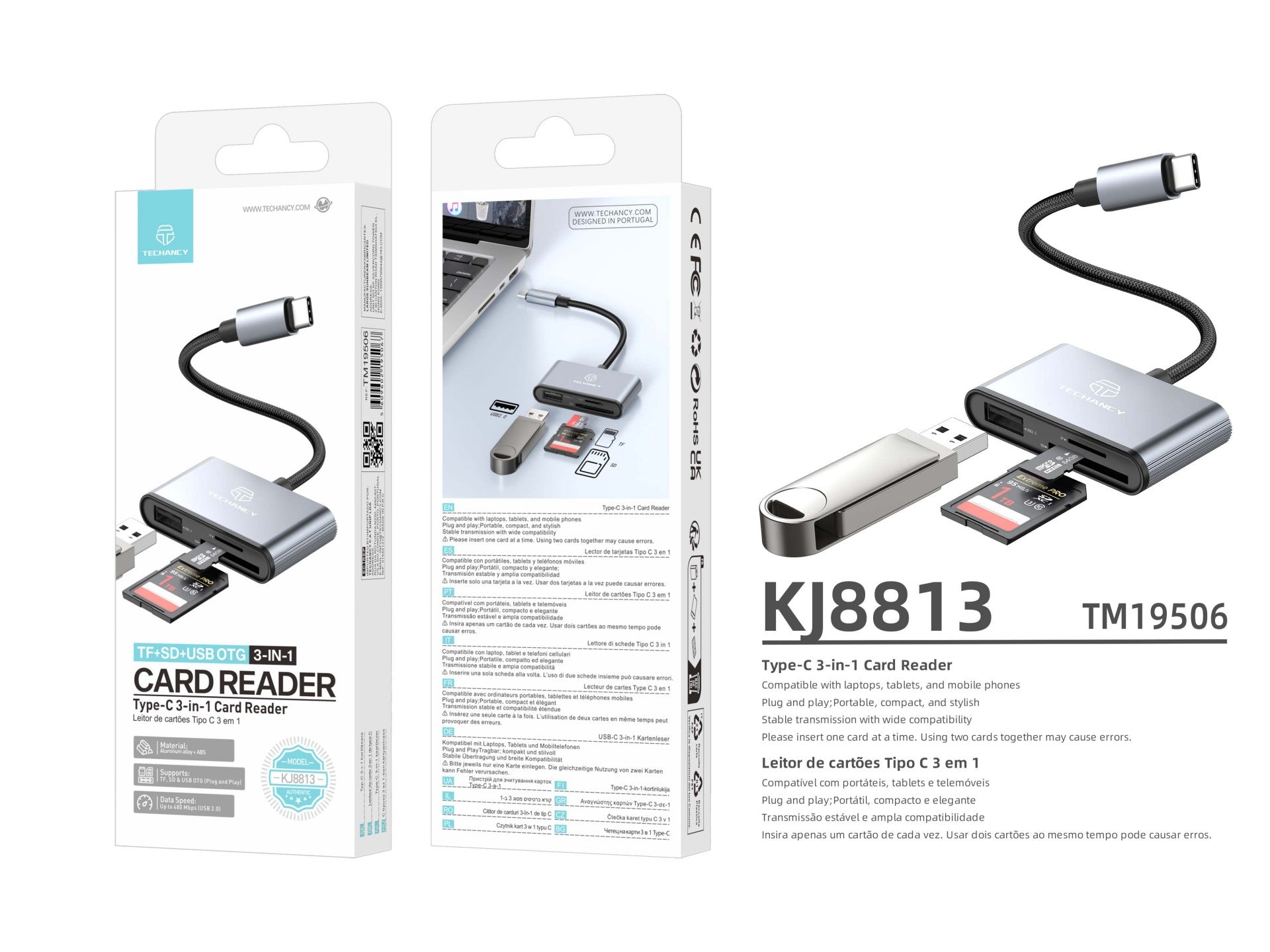 Techancy Leitor de Cartoes KJ8813 USB-C 3 em 1 TF SD USB OTG Plug and Play Compativel com Telemovel Tablet PC Cinza