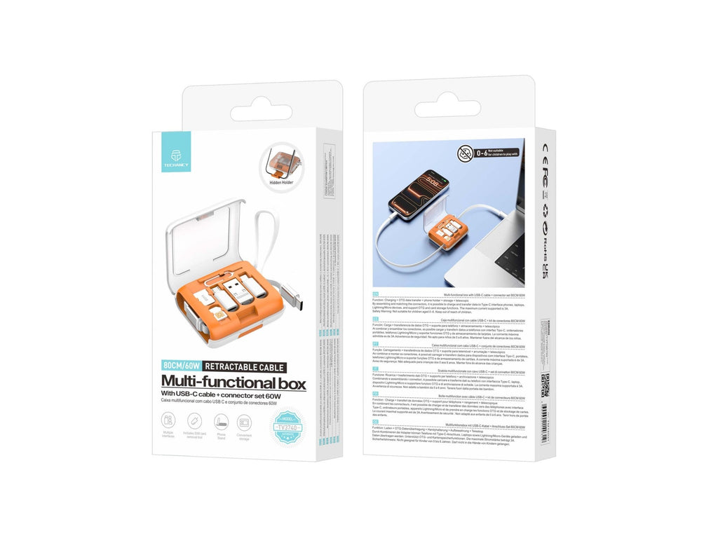 Techancy Caixa Multifuncional TV3740 Cabo USB-C Retratil 80CM 60W Conjunto de Adaptadores Carregamento e Dados Laranja