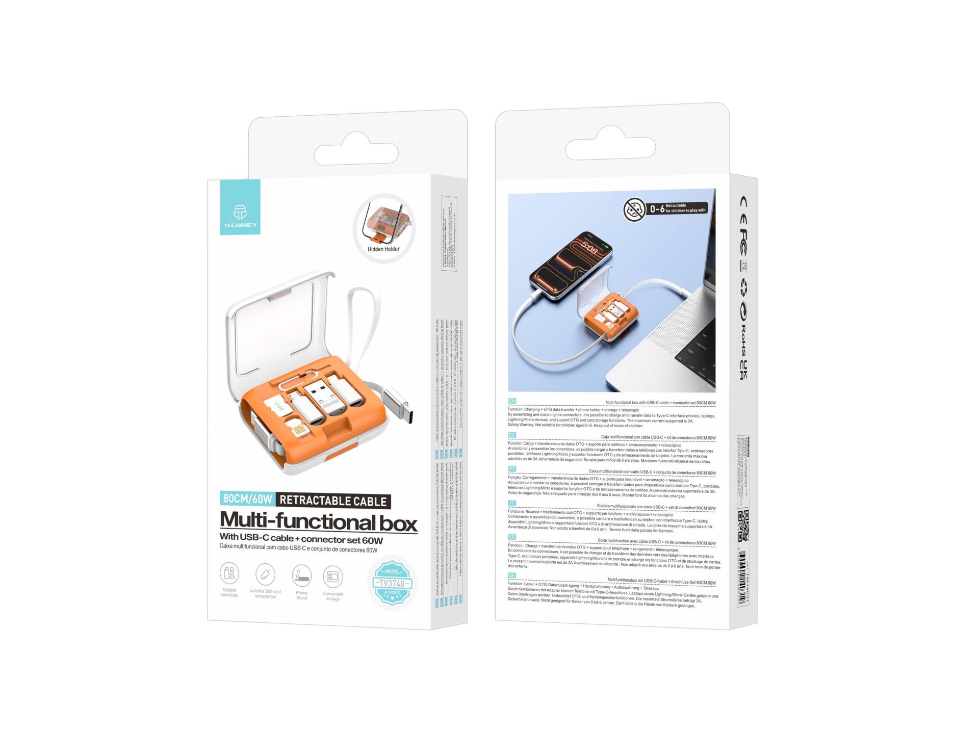 Techancy Caixa Multifuncional TV3740 Cabo USB-C Retratil 80CM 60W Conjunto de Adaptadores Carregamento e Dados Laranja