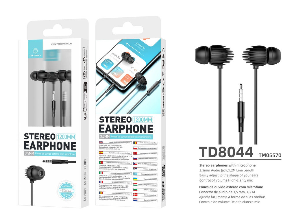 Techancy Auricular Com Fio Preto TD8044, 3,5 Mm Com Microfone, Compatível Com Som Estéreo Para Jogos