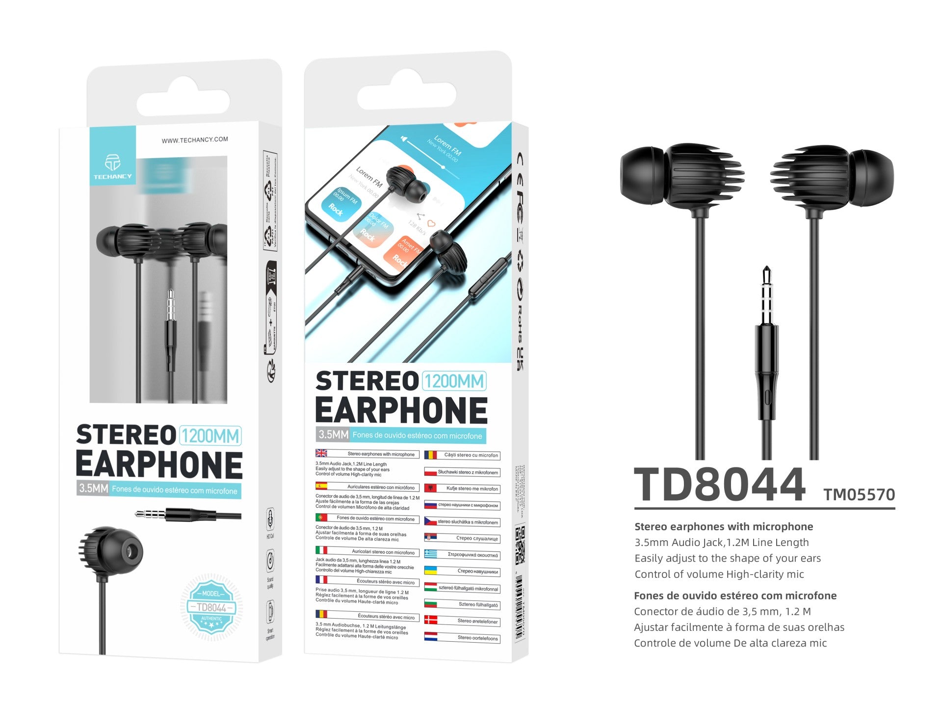 Techancy Auricular Com Fio Preto TD8044, 3,5 Mm Com Microfone, Compatível Com Som Estéreo Para Jogos
