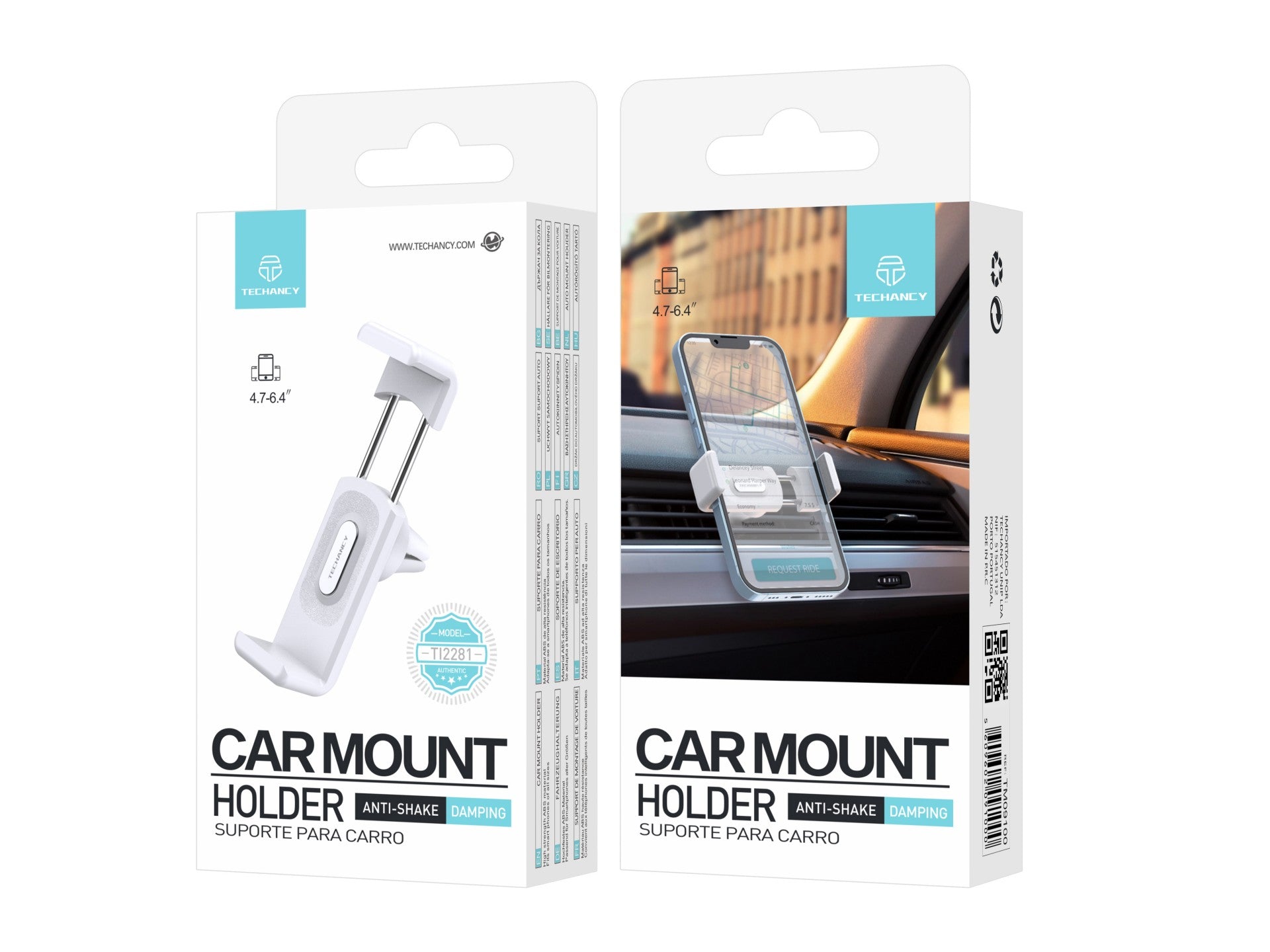 Techancy Suporte de Telemovel para Carro TI2281 Antivibracao Compatvel com 4.7 a 6.4 Polegadas Branco