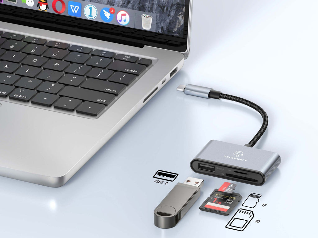 Techancy Leitor de Cartoes KJ8813 USB-C 3 em 1 TF SD USB OTG Plug and Play Compativel com Telemovel Tablet PC Cinza
