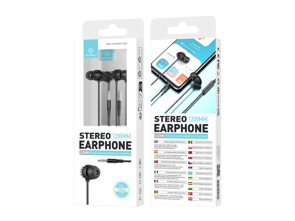 Techancy Auricular Com Fio Preto TD8044, 3,5 Mm Com Microfone, Compatível Com Som Estéreo Para Jogos