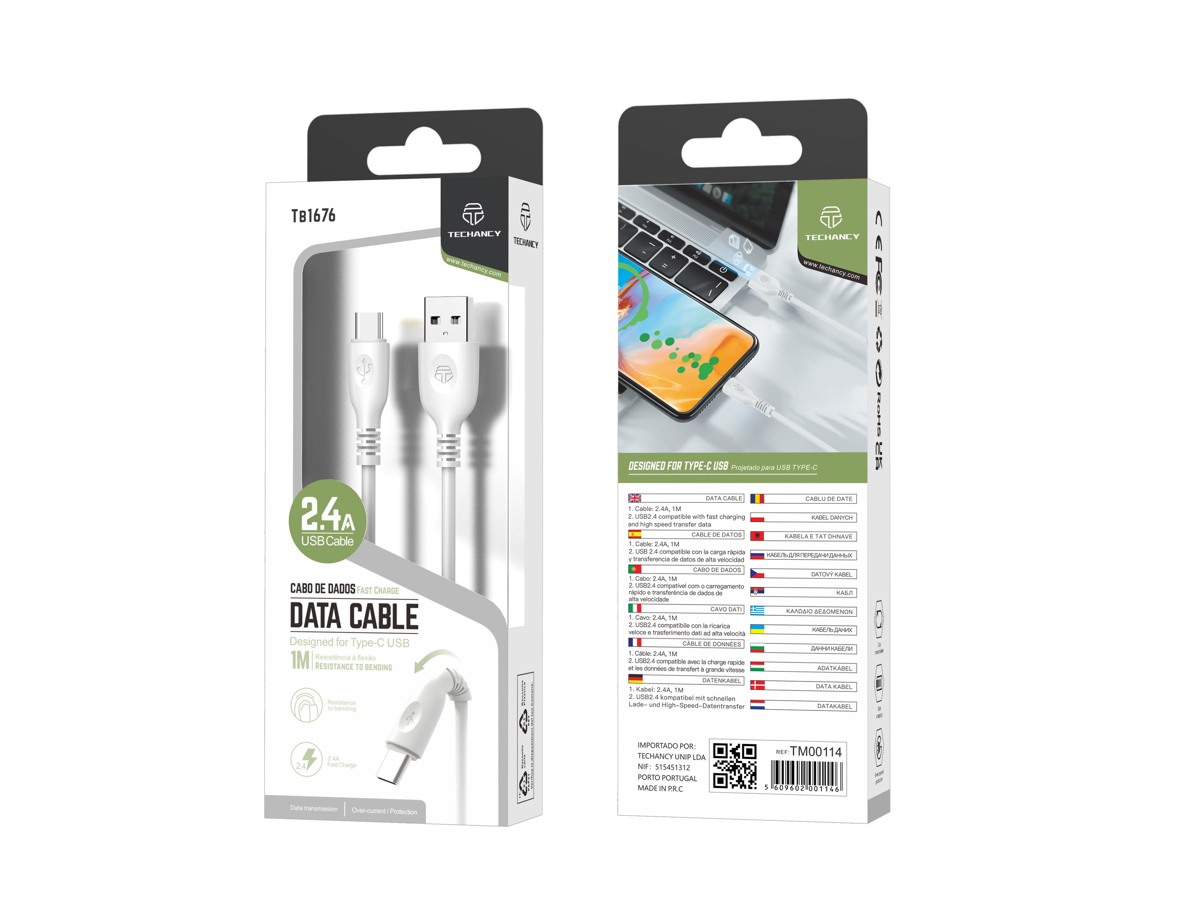 Techancy Cabo De Dados Usb-Tipo-c, TB1676 1M 2,4A Carregamento Rápido, Transferência De Dados, Branco