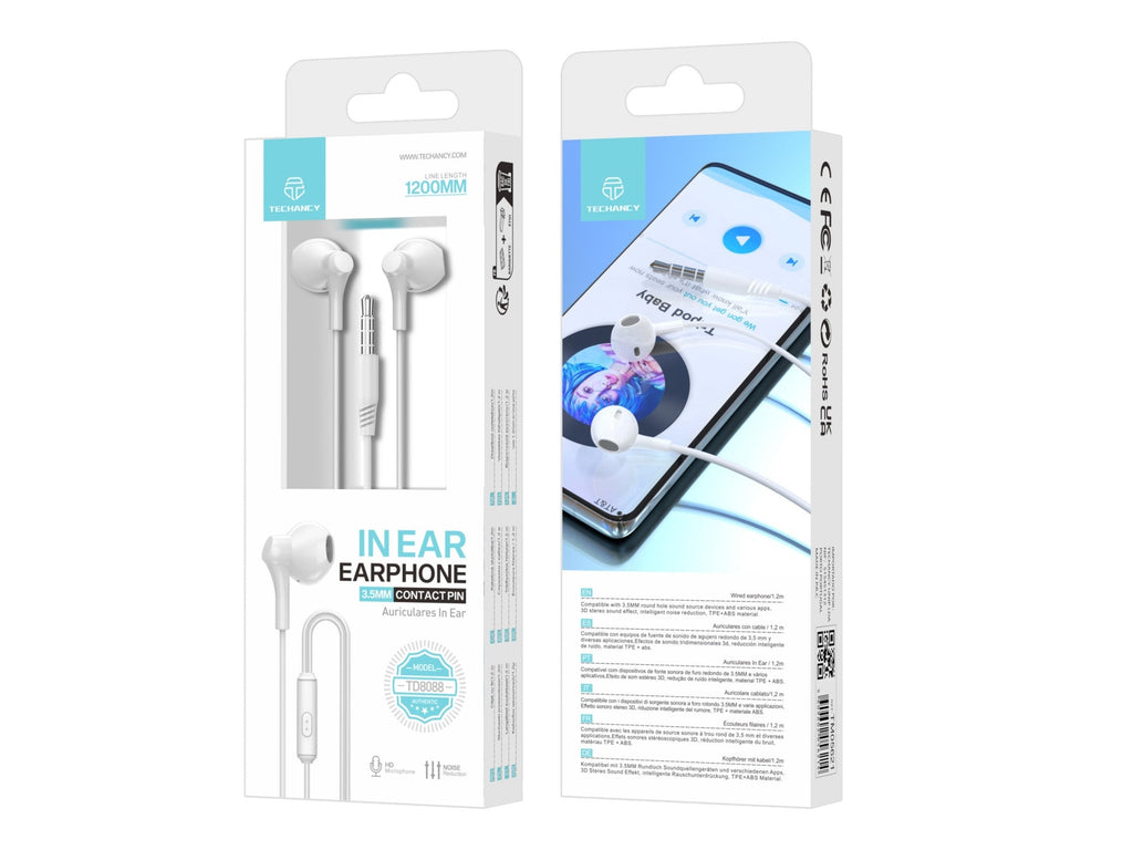 Techancy Auscultadores Intra-Auriculares 1,2 M Brancos TD8088, 3,5 Mm Com Microfone, Auscultadores Com Som Estéreo 3d