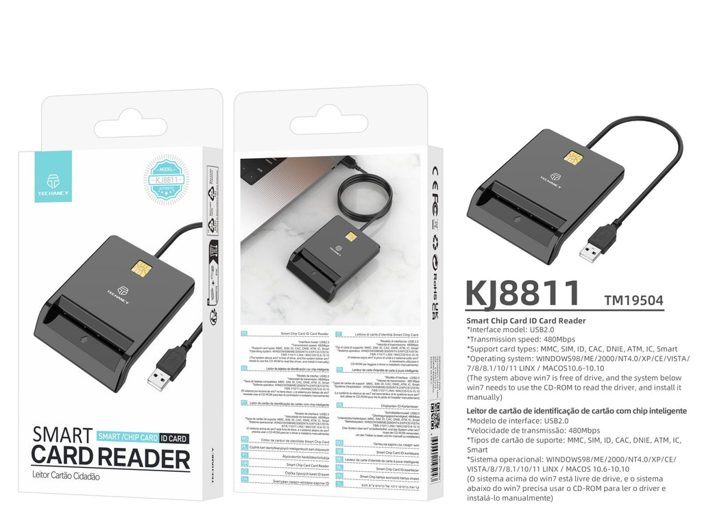 Techancy Leitor De Chips Inteligentes  KJ8811, USB2.0, 480Mbps, Compatível Com Uma Vasta Gama De Cartões e Sistemas