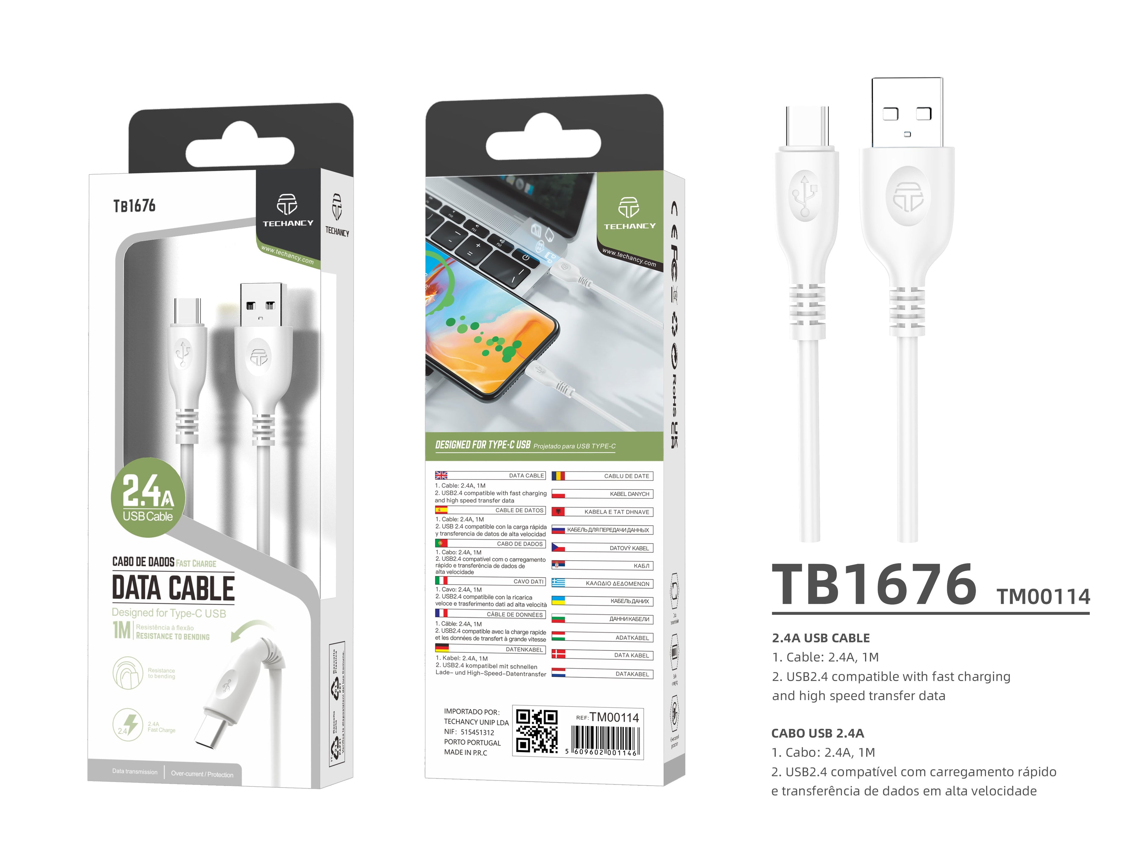 Techancy Cabo De Dados Usb-Tipo-c, TB1676 1M 2,4A Carregamento Rápido, Transferência De Dados, Branco