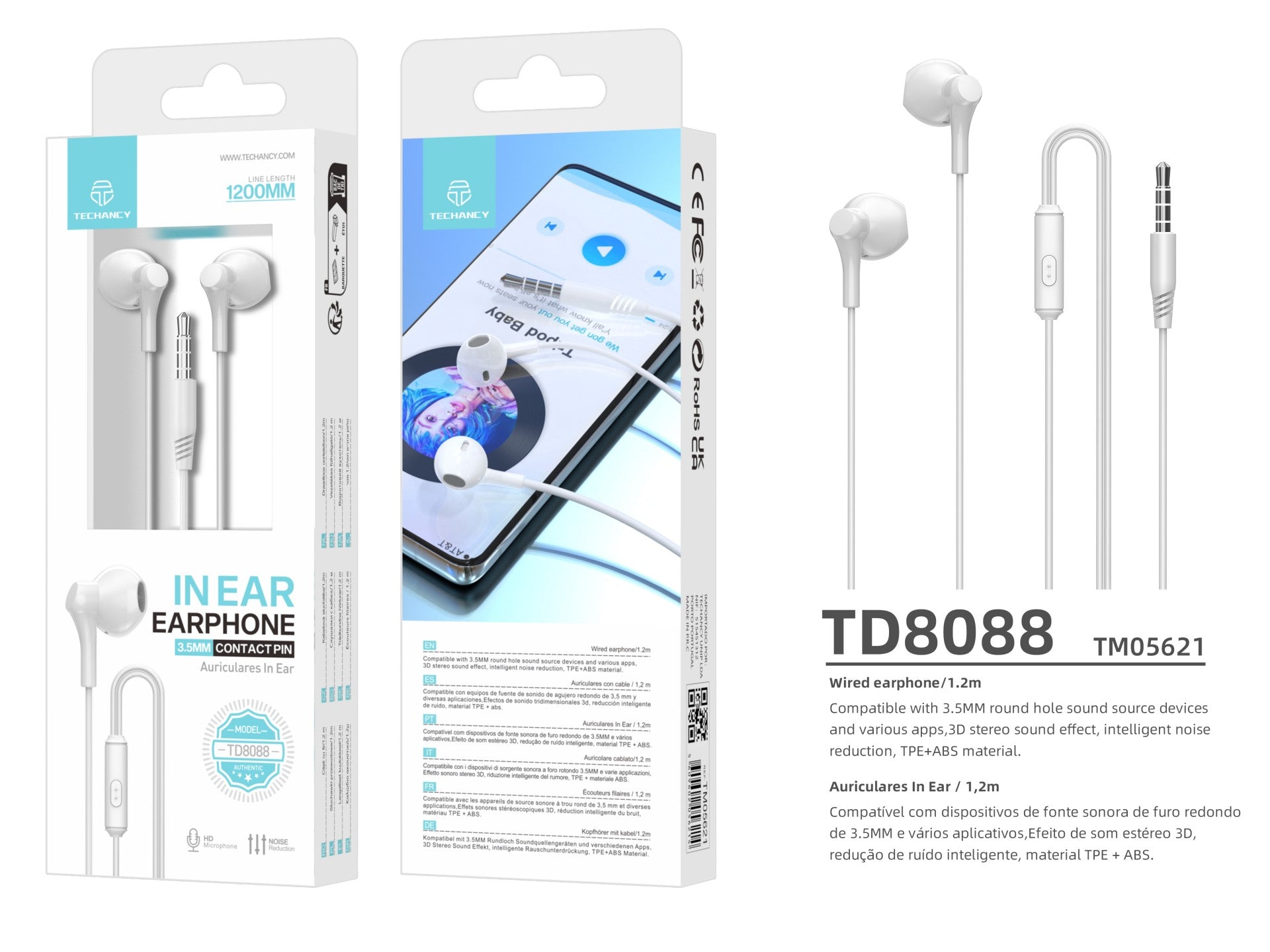 Techancy Auscultadores Intra-Auriculares 1,2 M Brancos TD8088, 3,5 Mm Com Microfone, Auscultadores Com Som Estéreo 3d