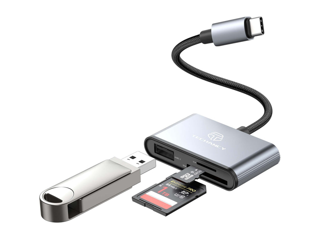 Techancy Leitor de Cartoes KJ8813 USB-C 3 em 1 TF SD USB OTG Plug and Play Compativel com Telemovel Tablet PC Cinza