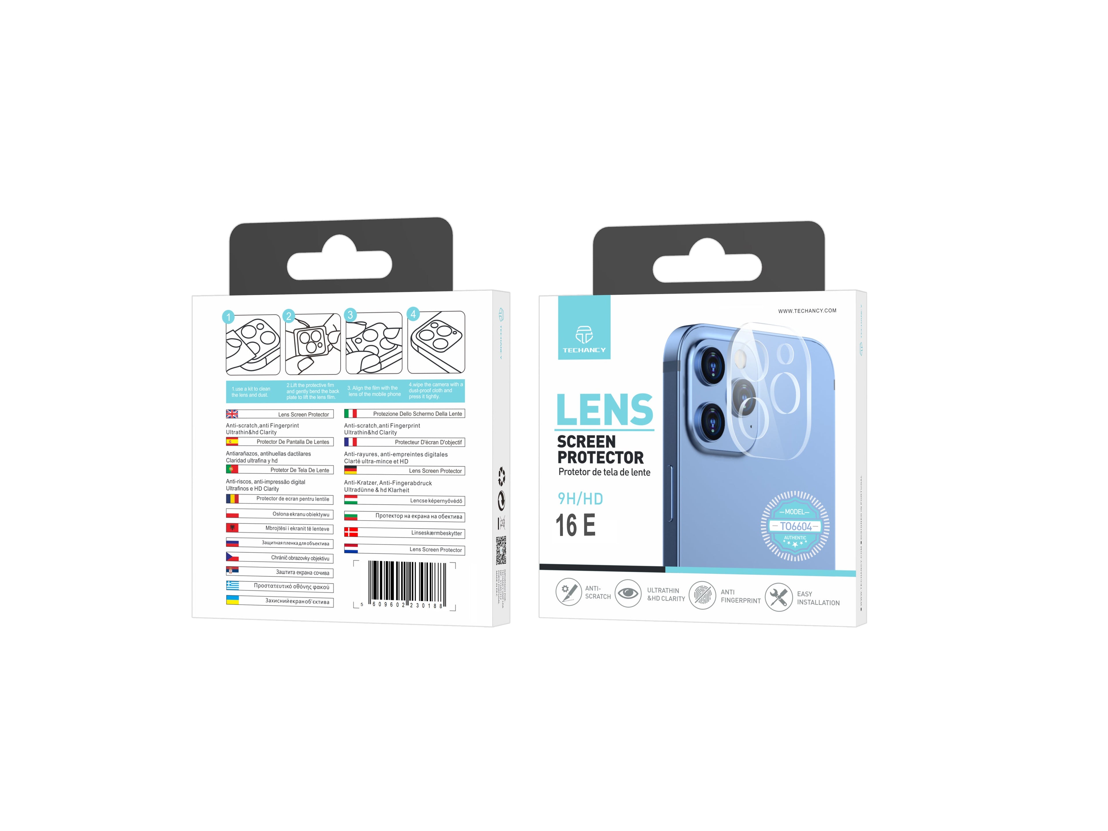 Techancy Protetor de Lente para iPhone 16 e TO6604 9H Anti Riscos Impressao HD Transparente