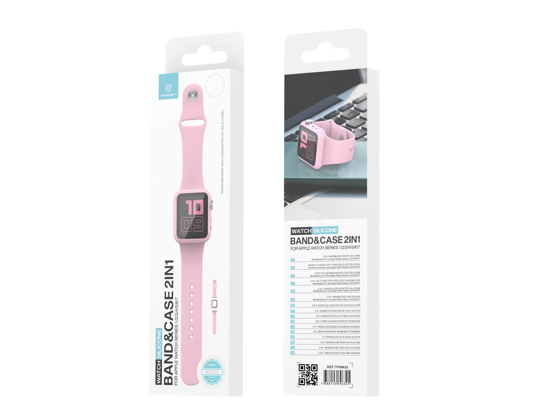 Pulseira de silicone para relógio Techancy, KC2115, pulseira com protetor de ecrã, compatível com Apple Watch 45 mm, rosa