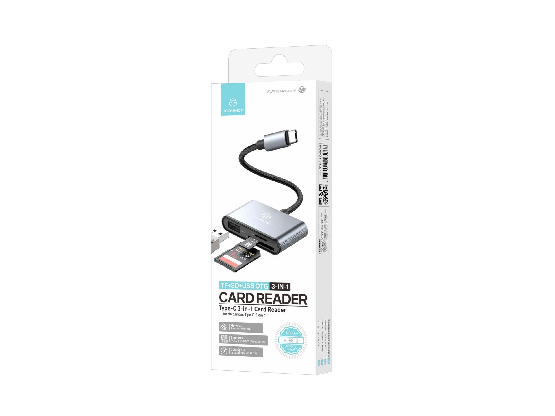 Techancy Leitor de Cartoes KJ8813 USB-C 3 em 1 TF SD USB OTG Plug and Play Compativel com Telemovel Tablet PC Cinza