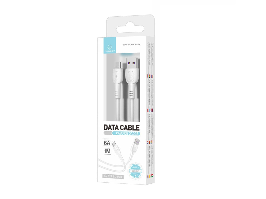 Techancy Cabo De Dados De Carregamento Super-Rápido 6A Branco TB1729, Porta Usb-Tipo-C, 1 M De Comprimento, Carregamento Rápido