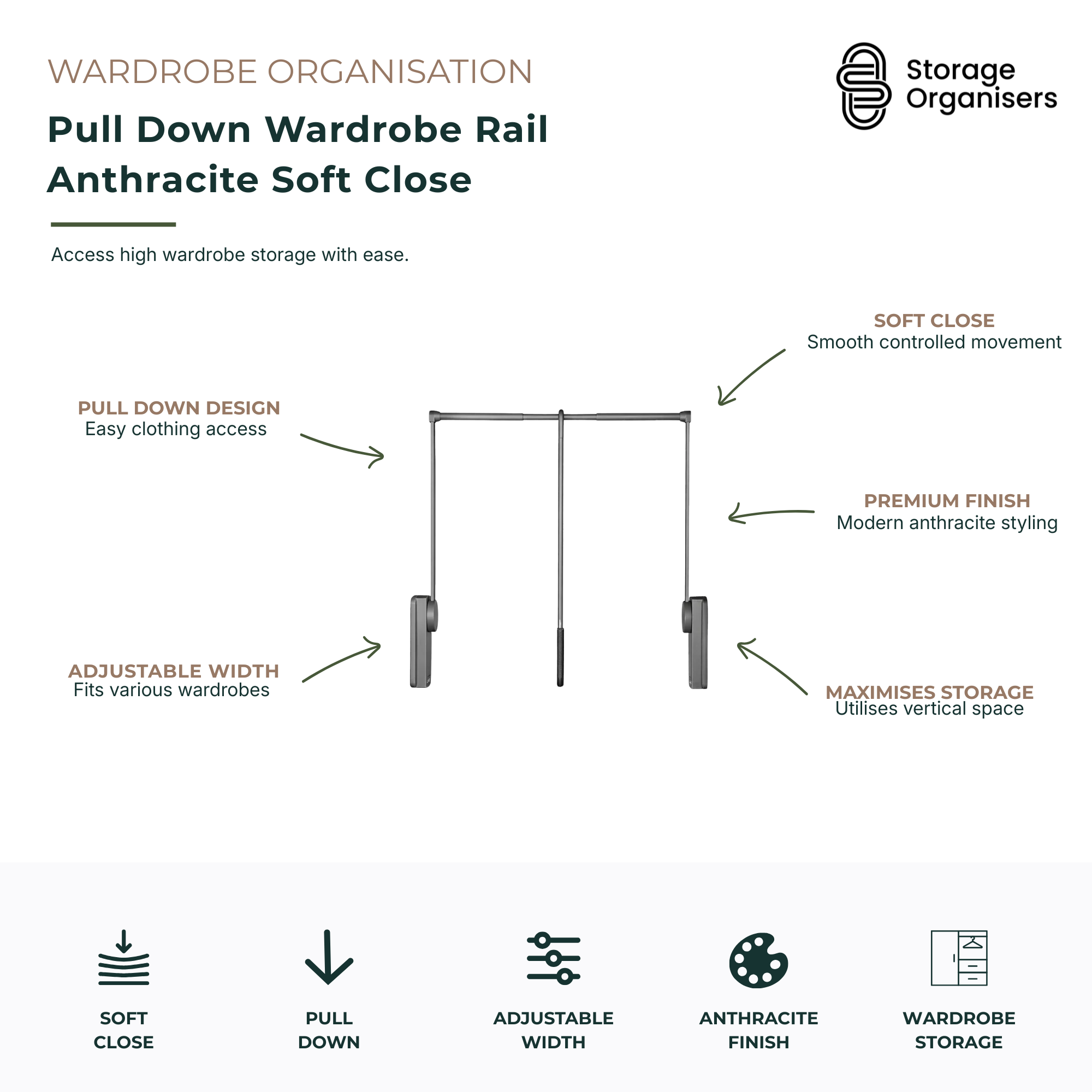 Pull Down Wardrobe Rail Anthracite Soft Close
