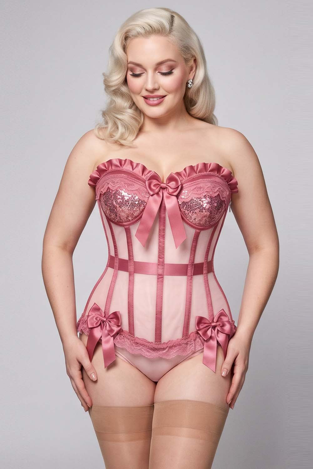 VIVIEN Mesh & Sequin with Satin Burlesque Overbust Corset